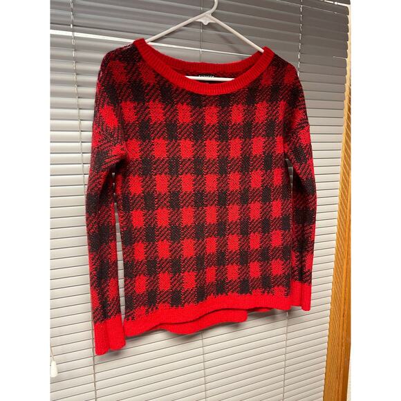 Express Women’s Red & Black Buffalo Plaid Knit Sweater Small Winter Pullover - Picture 2 of 11